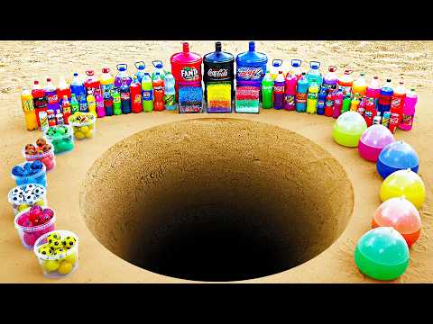 Giant Underground Hole vs Big Balloons of soda, Big Coca Cola, Mtn Dew, Fanta, Pepsi and Mentos