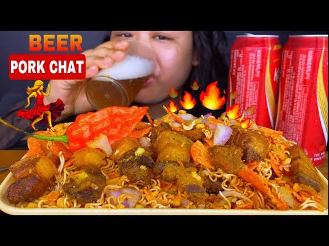 TASTIEST CHAKNA🔥PORK CHAT WITH BEER MUKBANG & KING CHILLI IS THE BEST🥵 PORK BELLY MUKBANG ASMR