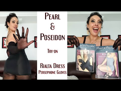Pearl and Poseidon try-on Rialta Glossy Cami Strap Dress and Persephone Sheer Seamless Gloves