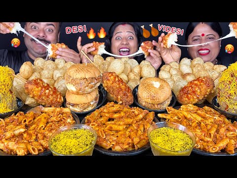 EATING spicy DESI VS VIDESI FOOD EATING CHALLENGE CORNDOG, BURGER, EGG CHICKEN PASTA, FUCHKA MUKBANG