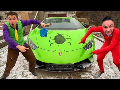 Spider ATTACKED Car VS Mr. Joe in Car Wash on Lamborghini Huracan VS Painter Man