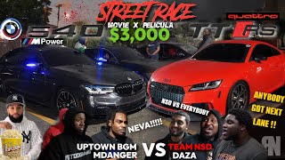 CRAZY! BMW 540 HYBRID TURBO VS AUDI TTRS DAZA MODDED STREET RACE  $3,000 POT #audi #ttrs #bmw 