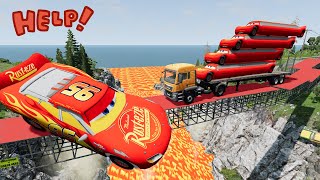 Big & Small MCQUEEN BOY, Pixar Car vs Dinoco, Doc Hudson vs GLASS BRIDGE LAVA 😱 - BeamNG.Drive
