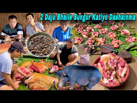 77.5KG PORK MEAT CUTTING IN DASHAIN | PORK BLOOD COOKING EATING | PORK BLOOD FRIED EATING | PIG MEAT