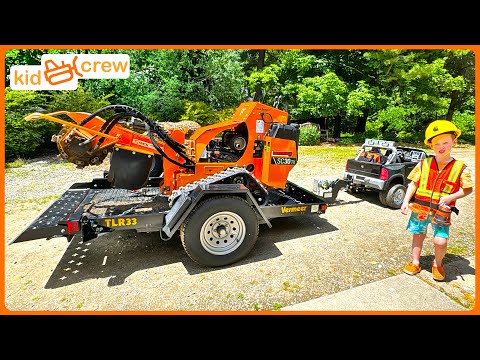 Grinding stump and using toy chainsaw, forestry logging trucks. Educational stump grinder | Kid Crew