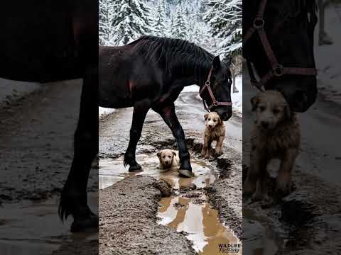 Motherly horse saved two tiny puppies trapped in a pothole #horse #puppy #animalrescue #rescue
