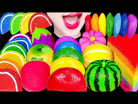 ASMR Sweet Bean Cake Mochi Rice Cake Rainbow Crepe Cake 과일 화과자 모찌 크레이프 케이크 먹방 Mukbang, Eating