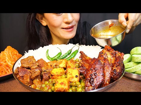 SPICY MUTTON CURRY, CHICKEN WINGS FRY, MATAR PANEER AND BASMATI RICE, JALEBI #ASMR/EATING SHOW