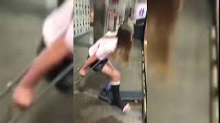 Funny Girl In Cast And Crutches  Skateboard Fail 