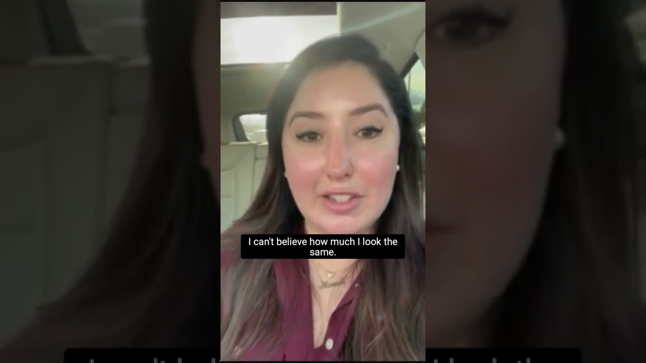 Woman speaking in a car about her appearance.