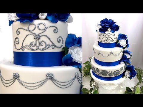 Decorating a Silvery Blue Wedding Cake Cake 🍰 Vintage Stringwork Brush Embroidery Cake Tutorial