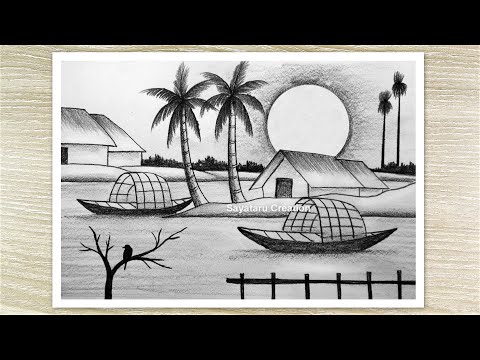 How to draw Sunset Scenery with Pencil, Easy Pencil Drawing for Beginners