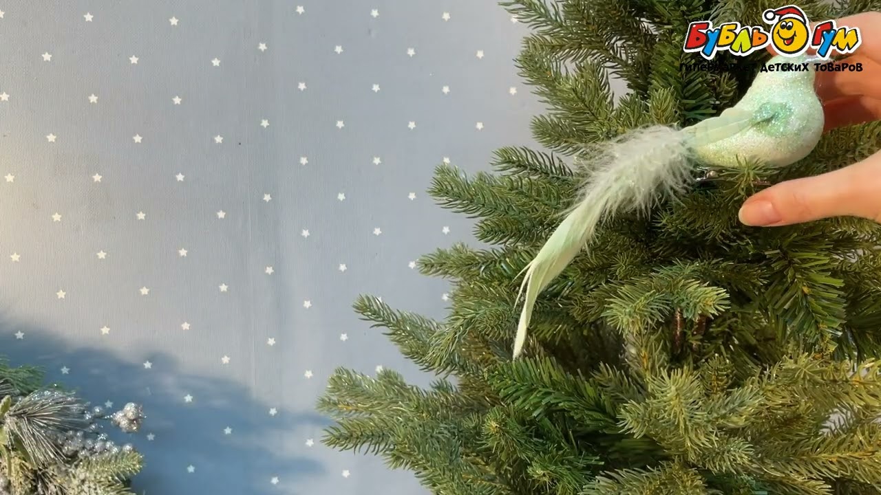 Елочная игрушка Птичка зеленая винтаж перо 20см - видео