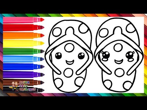 Draw and Color A Cute Pair Of Flip Flops🩴❤️🏖️🌈 Drawings for Kids