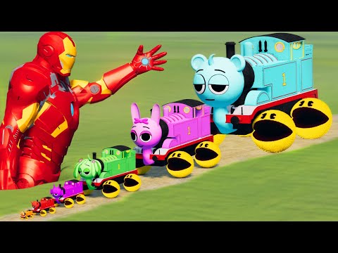 Big & Small Incredibox Sprunki the Train with Pac-Man Wheels vs Iron Man | BeamNG.Drive
