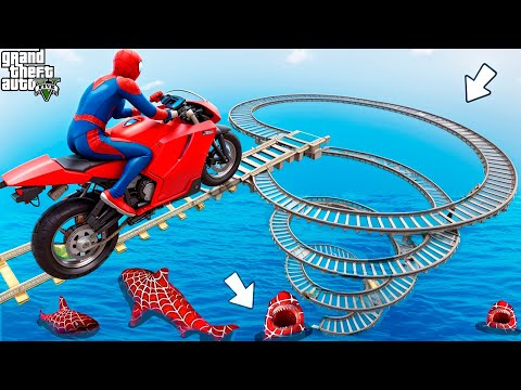 Superheroes on a motorcycle ride over the sea along the Spider-Man Bridge GTA 5