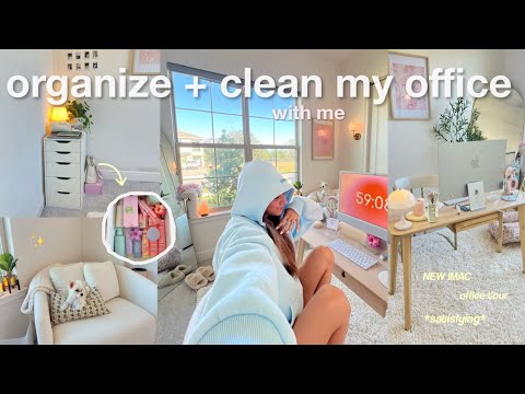 organizing + cleaning my *messy* office & tour🎧 *satisfying*