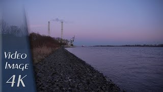Wedel, Germany: Elbe Riverside, Dusk, Power Station, Container Ship - 4K UHD Video (2160p/60p)