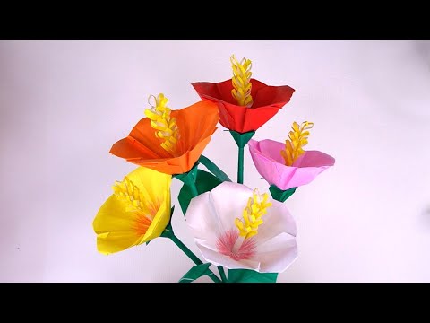 折り紙 花びら5枚のハイビスカスの花 立体の折り方 Origami 5petal hibiscus flower 3D tutorial（NiceNo1）