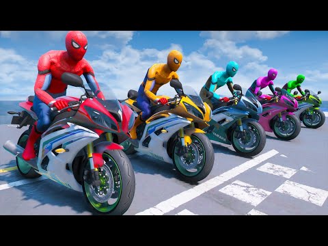 MOTORCYCLES CHALLENGE WITH SPIDER-MAN & SUPERHEROES - EXTREME ROLLER COASTER RAMP