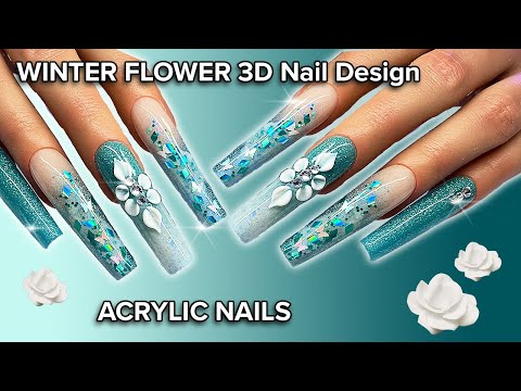 XL Teal Acrylic Nail Design | Encapsulated Glitter | 3D Flower | Cute GLAM Nail Art ✨