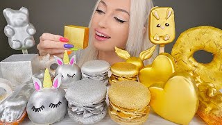 ASMR EATING GOLD & SILVER FOOD, CHOCOLATE CAKE, MACARONS, DONUT (DESSERT) MUKBANG, 컬러 먹방