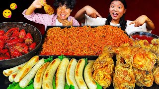 Fried Chicken Crunch + Cheesy Noodles with Crayfish & Sausage! Mukbang with @prabeshlamagurung8803❤️