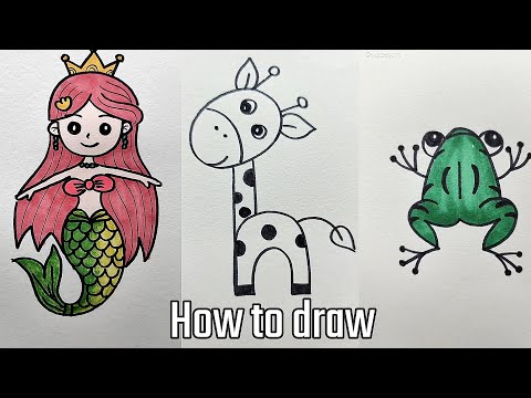 How to draw जिराफ(giraffe), कछुआ( turtle ), मेंढक( frog ), लड़की (girl ), चिड़िया   (bird )