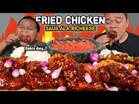 Makan brutal 🤣 Mukbang fried chicken saus ala richeese + bawang jahat lalapan dan sambel, Ngeunah