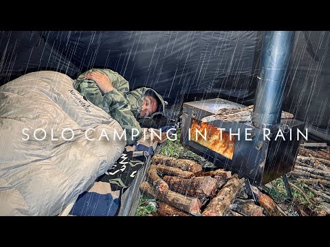 HOT TENT RAIN CAMPING IN STORM ⛈️ SOLO RELAXING IN HEAVY RAIN • WOOD STOVE ASMR