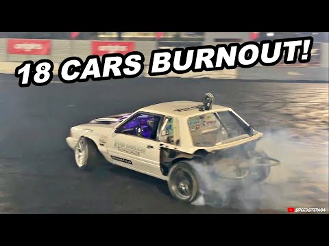 18 Cars Burnout Competition! Catches on Fire