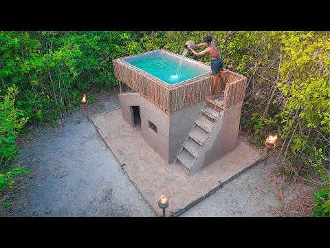 1 Month of Log Cabin Building My Dream House with Swimming Pools (Mud & Wooden)