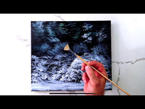 Winter Forest on Black Canvas | Step by step acrylic painting techniques | Easy for Beginners