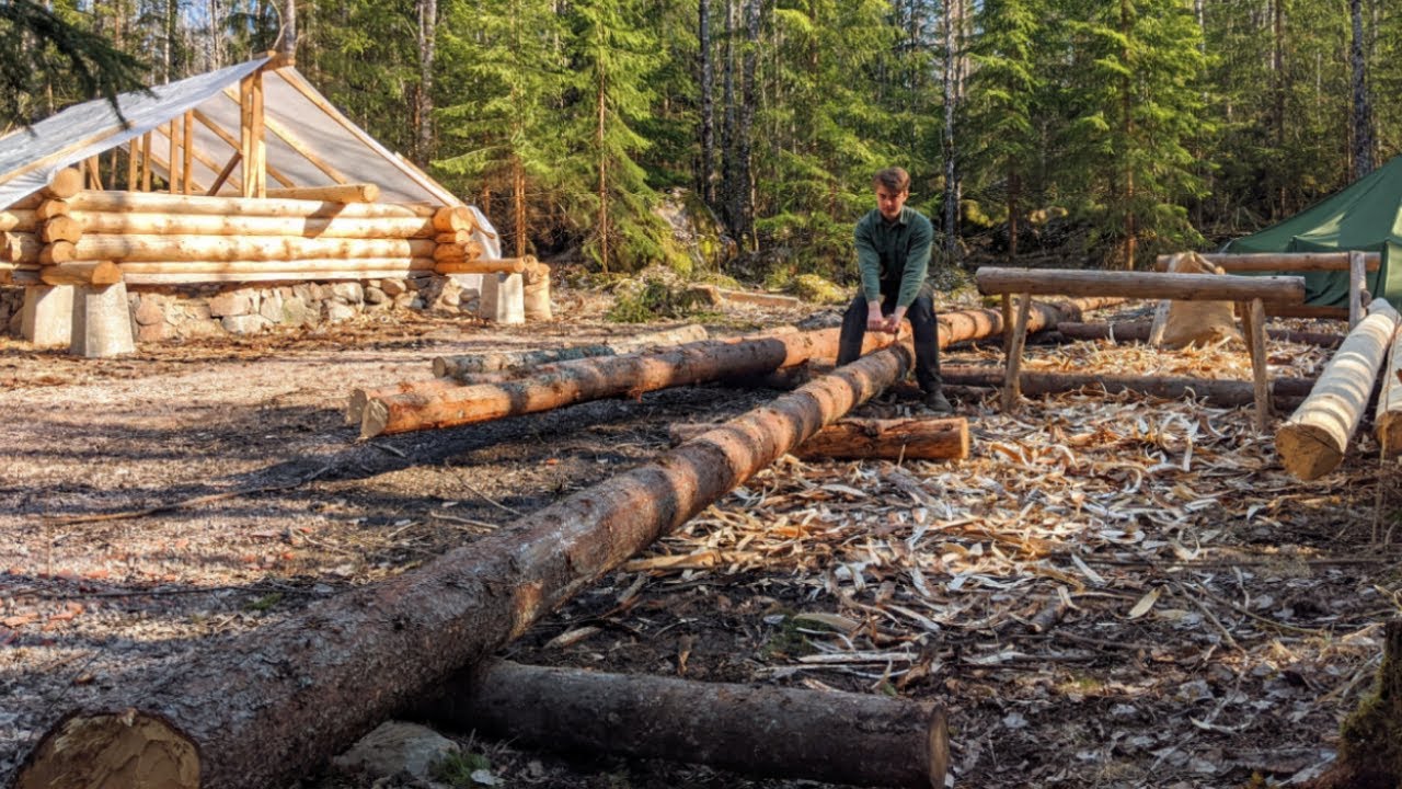 Dragging Out Last Logs by Hand for Log Cabin 11 - One Man Traditional Log Cabin series