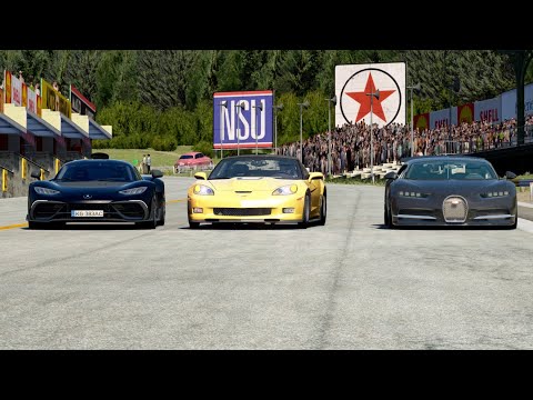 Drag Factory Chevrolet Corvette ZR1 vs Bugatti Chiron vs Mercedes-Benz AMG One at Old SPA