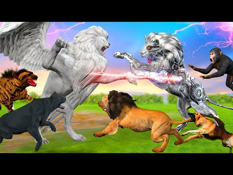 जायंट रोबोट शेर और उड़नेवाला सफेद शेर का हमला Giant Robot Lion Vs Flying Lion Jungle Animal Stories