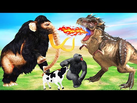 Woolly Mammoth Save Cow Cartoon Gorilla from Giant Dinosaur Vs Monster Lion Mammoth Kingdom