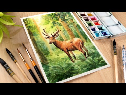 Watercolor Painting of Forest Deer and Trees Landscape