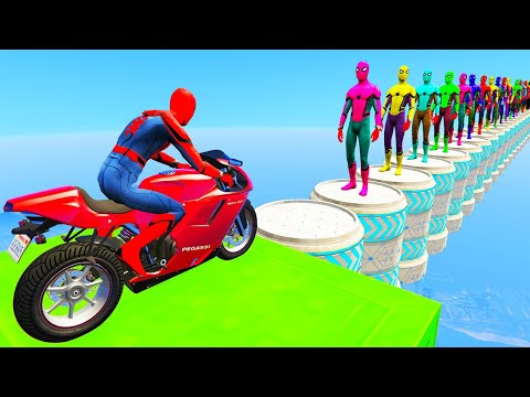 الرجل العنكبوت على دراجة نارية ضد العناكب  - Spiderman on a motorcycle against multi-colored spiders