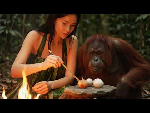Orangutan life with girl in palm leaf costume 2.3 million years ago