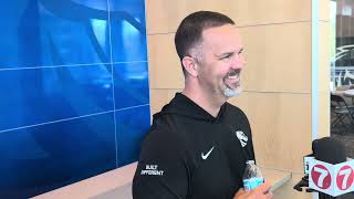 Boise State quarterback coach Zak Hill talks during spring practice on April 9, 2026