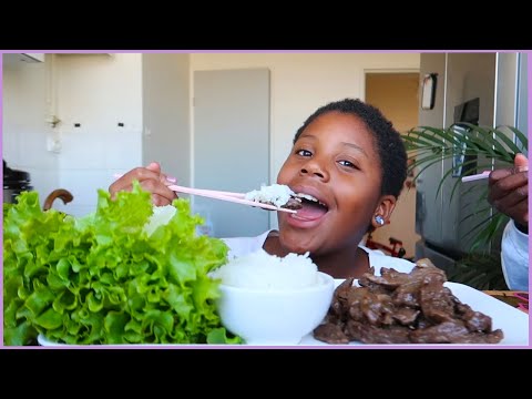 GRILLED STEAK, RICE, ONIONS, SALAD MUKBANG