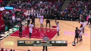 Chicago Bulls Derrick Rose with his son P.J. during the New York Knicks game on March 2, 2014