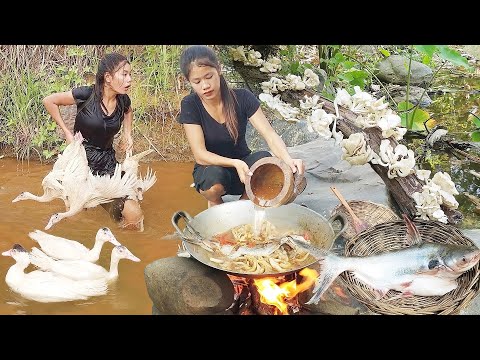 Catch duck in river for food, Duck soup hot chili for dinner, Fish curry tasty for lunch, +6 video