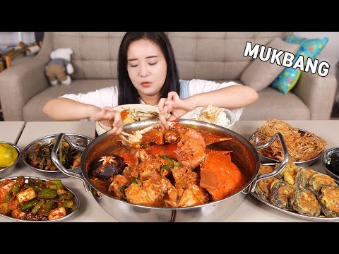요리 먹방 :) 와~ 꽃게 살이 미쳤네요~ 얼큰한 꽃게탕에 대파무침, 표고버섯전, 뱅어포구이.