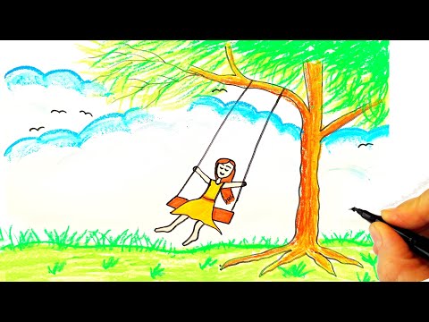 Salıncakta Sallanan Kız Çizimi 💗 Kız Çizimleri - Kolay Kız Çizimi - ow to Draw a Swinging Girl