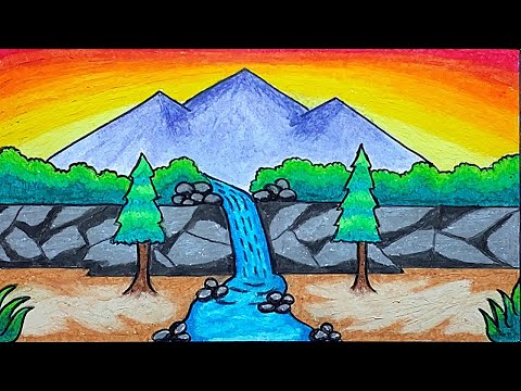 Menggambar Pemandangan Dengan Mudah| Cara Menggambar Pemandangan Gunung dan Air Terjun Untuk Pemula