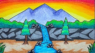 Menggambar Pemandangan Dengan Mudah| Cara Menggambar Pemandangan Gunung dan Air Terjun Untuk Pemula