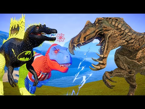 Batman Spinosaurus & Spiderman I-REX, Indoraptor, Batman Shark Jurassic World Dinos Fighting!