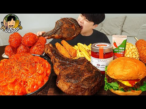 ASMR MUKBANG 직접 만든 치즈 햄버거 토마호크 스테이크 고추장 파스타 치킨먹방! & 레시피 FIRE NOODLES AND CHEESE BURGER EATING SOUND!